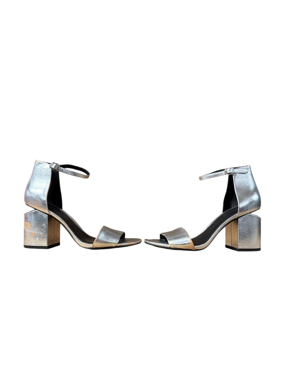 Alexander Wang Sandals Womens Size 8 Silver Leather Ankle Strap Block Heel Dress